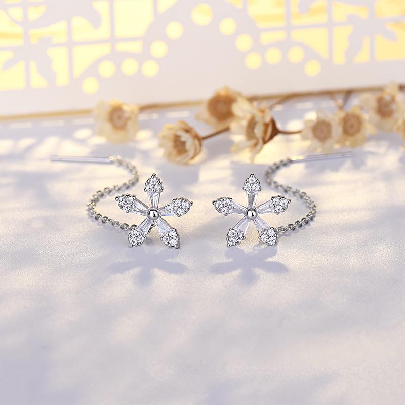 Silvery Zircon Flower Earline Long Sweet Earrings for Girls and Women Jewelry