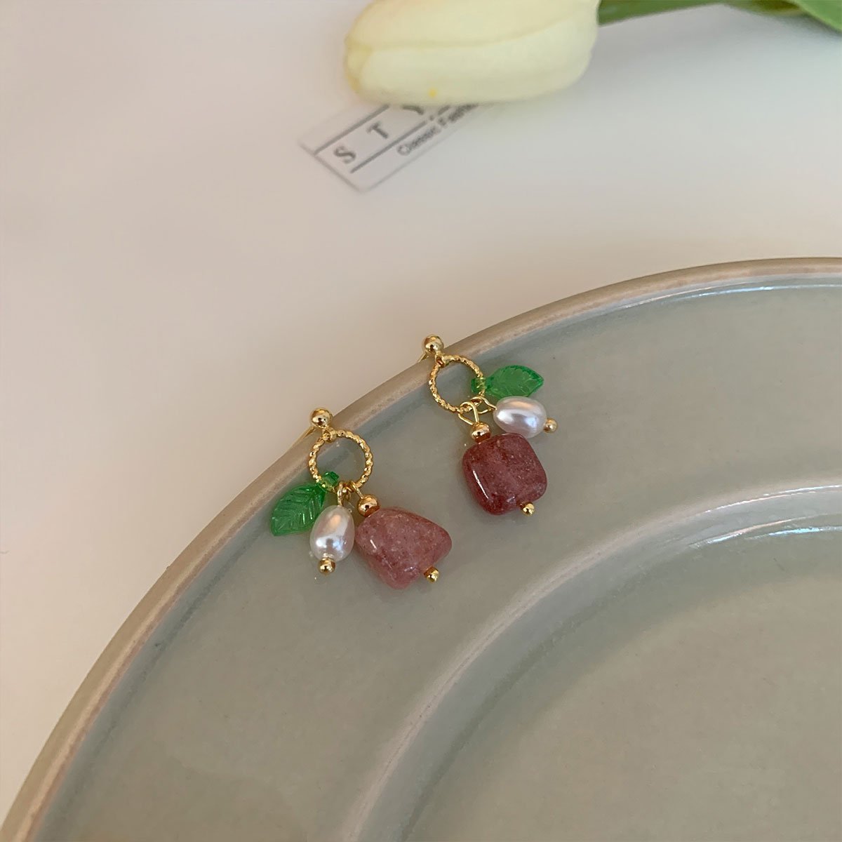 Unique Geometric Strawberry Crystal Green Leaf Earrings with Imitation Pearls