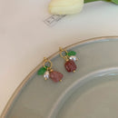 Unique Geometric Strawberry Crystal Green Leaf Earrings with Imitation Pearls