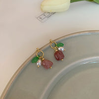 Unique Geometric Strawberry Crystal Green Leaf Earrings with Imitation Pearls