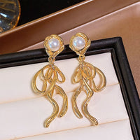 French Retro Long Earrings with Soft Flower Bow Design Elegant Vintage Jewelry