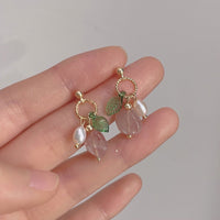 Unique Geometric Strawberry Crystal Green Leaf Earrings with Imitation Pearls