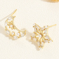 Delicate Asymmetric Star Moon Earrings for Girls Simple Micro-inlaid Jewelry