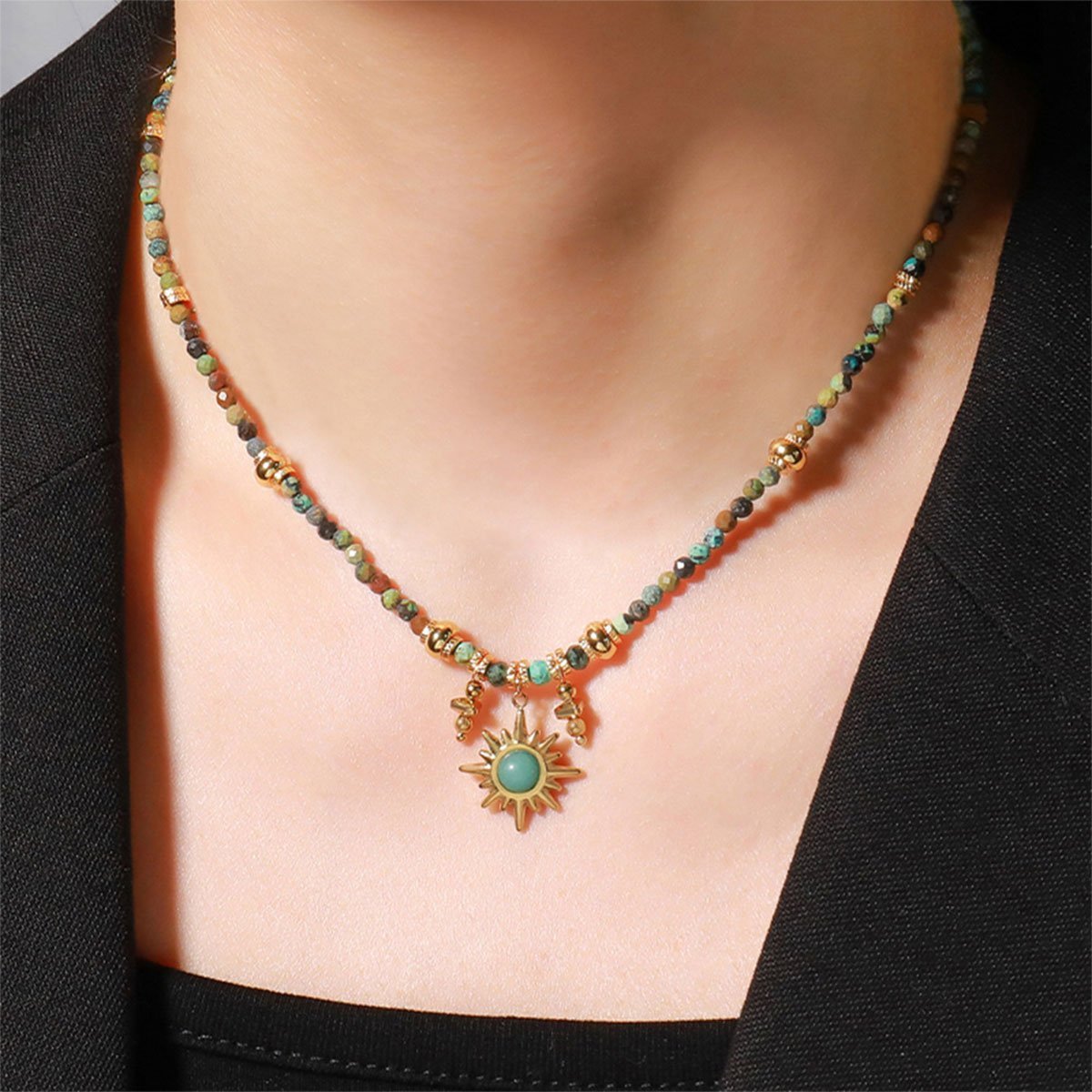 Vintage Colourful Beaded Necklace for Women with Turquoise Sun Pendant Fashion