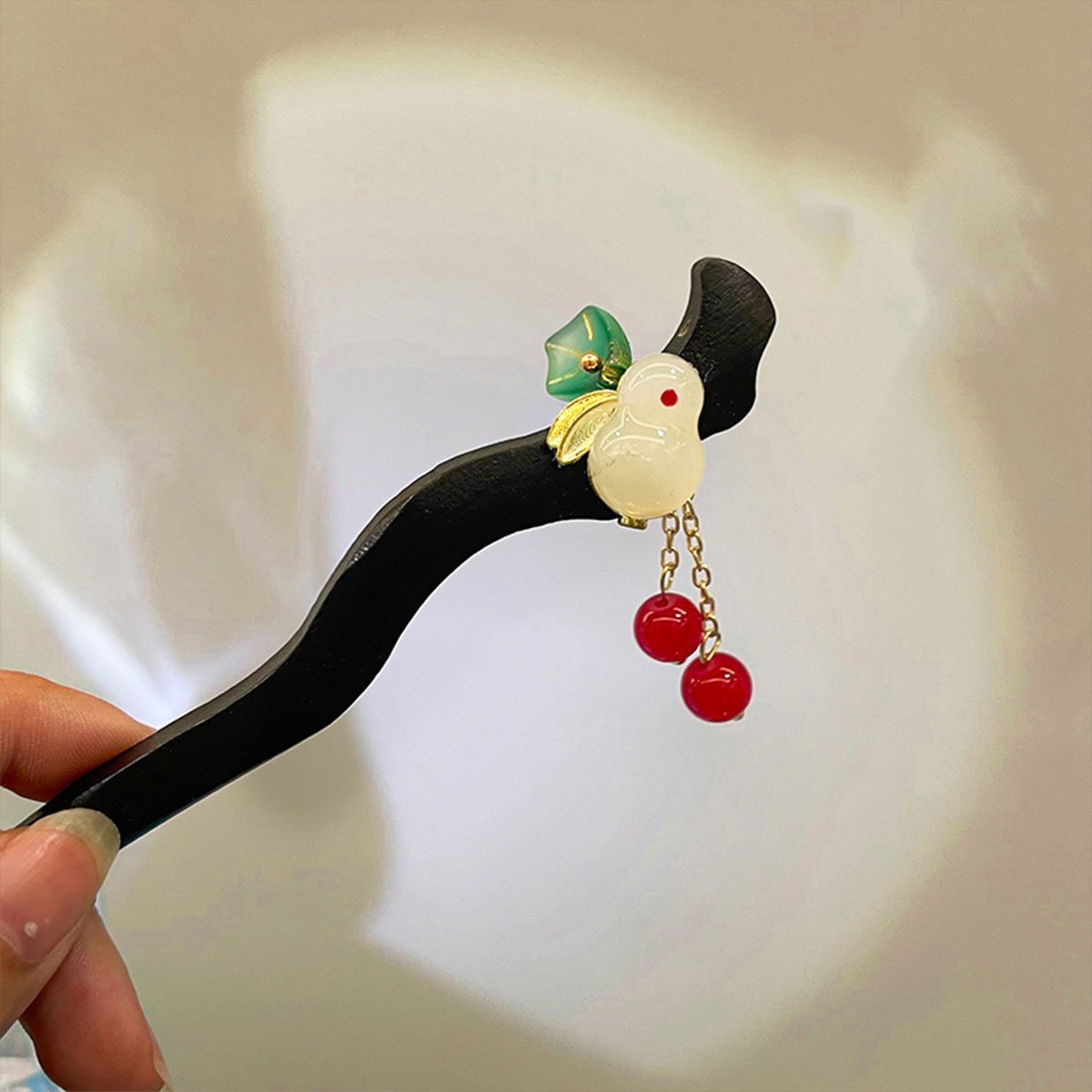 Chinese Style Wooden Hairpin Green Leaves Red Beads Hanfu Headdress