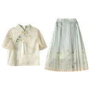 Green Floral Girls Short Skirt Hanfu Two Piece Set