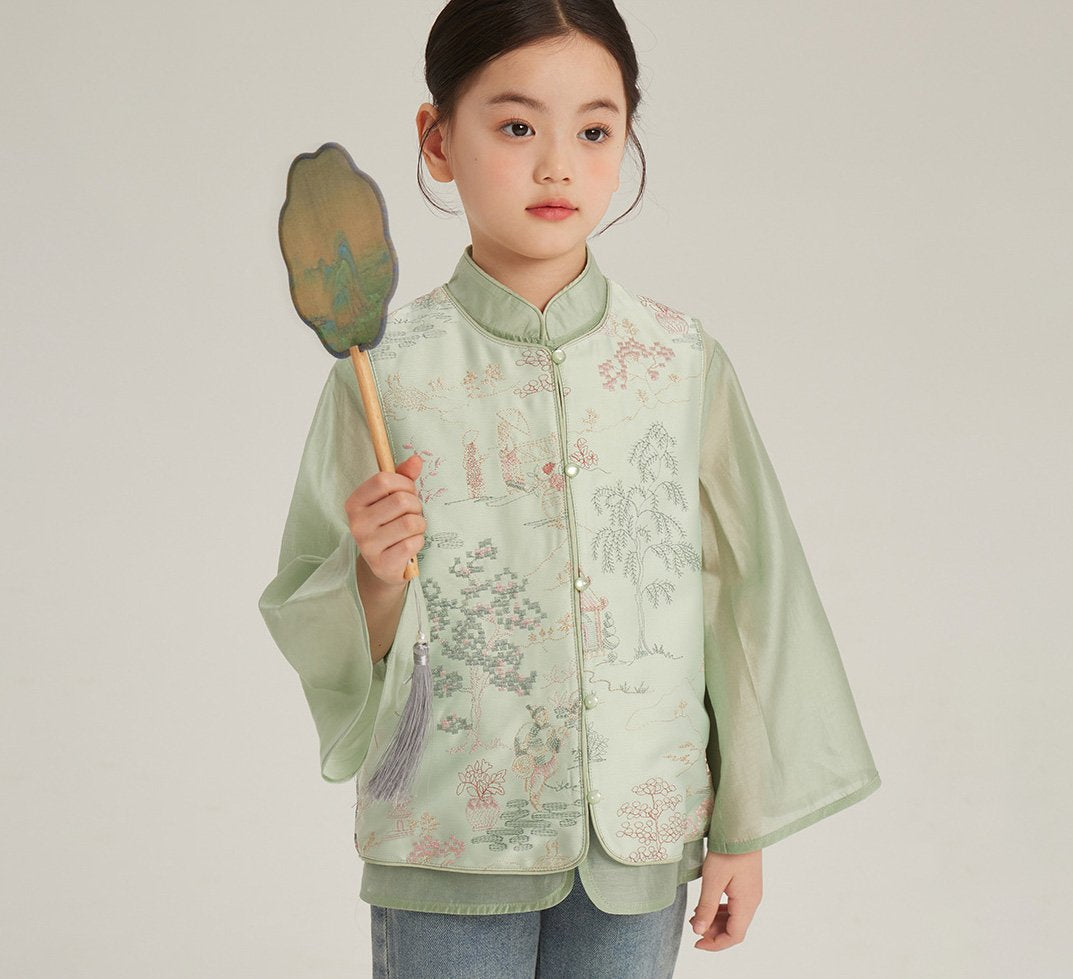 Girl's New Chinese Style Embroidered Shirt & Vest Set