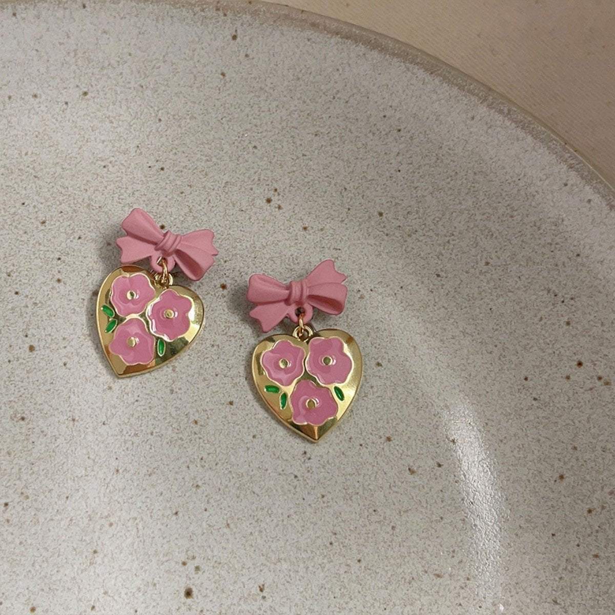 Lovely Pink Bow Heart Shaped Earrings Women Sweet Fashion Jewelry Gift