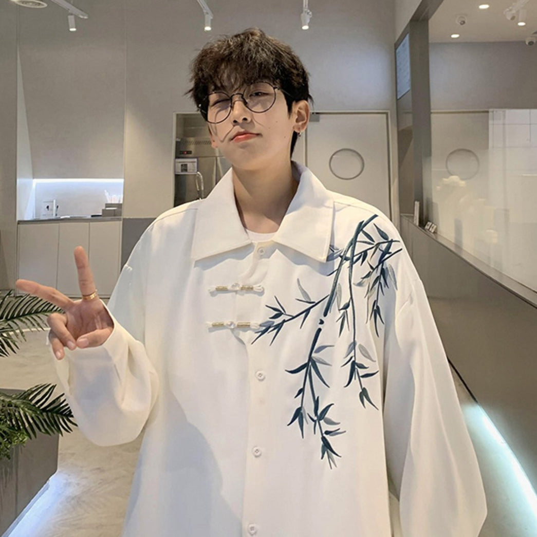 Chinese Bamboo Embroidery Shirt Mens Long Sleeve Jacket Spring Outerwear