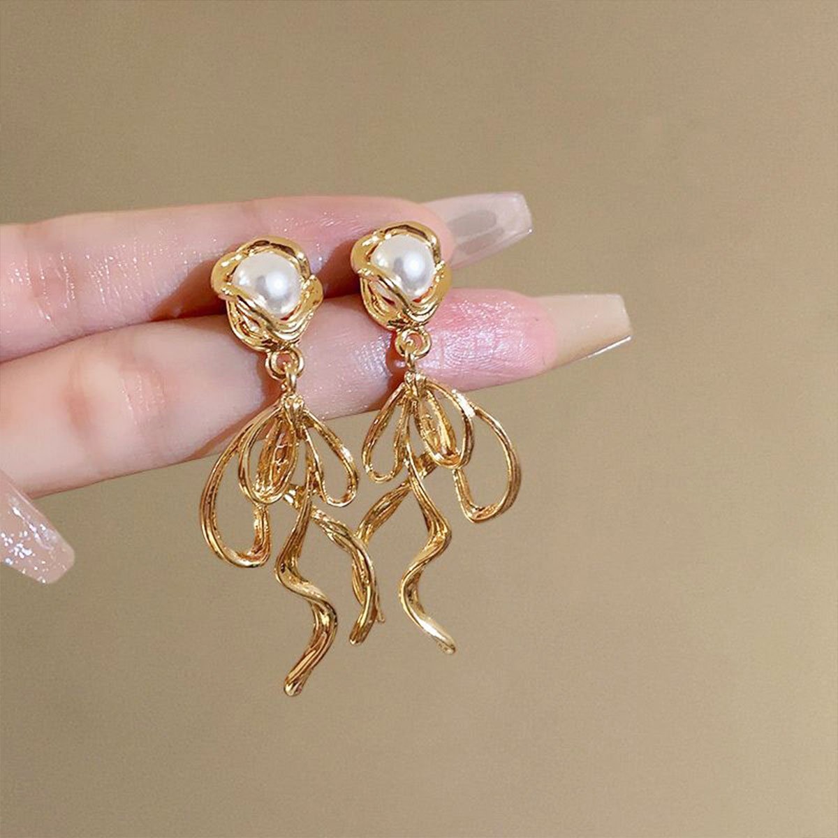 French Retro Long Earrings with Soft Flower Bow Design Elegant Vintage Jewelry