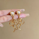 French Retro Long Earrings with Soft Flower Bow Design Elegant Vintage Jewelry