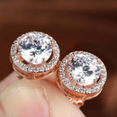 Red Garnet Diamond Halo Round Stud Earring Push Back Rose Gold Plated Women Gift