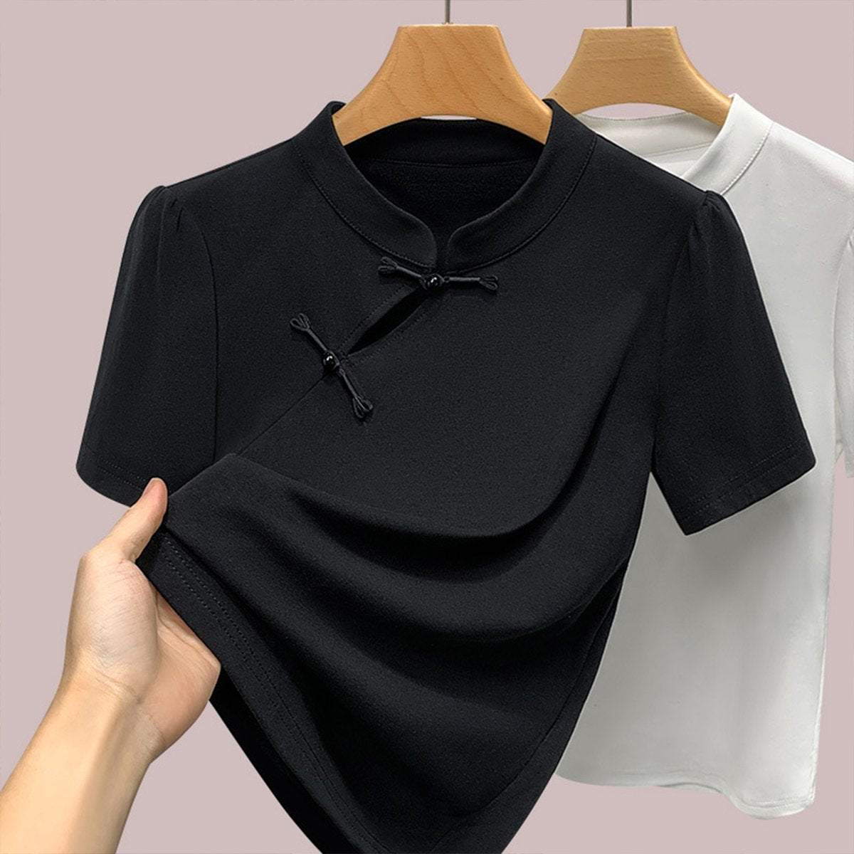 Chinese Style Stand Up Collar Disc Button Blouse Short Sleeve Women Fashion