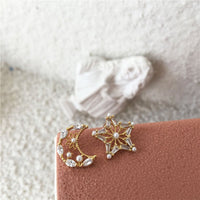 Delicate Asymmetric Star Moon Earrings for Girls Simple Micro-inlaid Jewelry