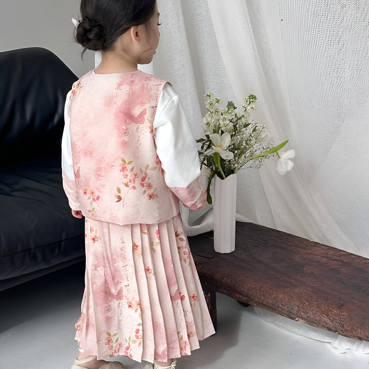 Girls Pink Floral Hanfu Three Piece Set