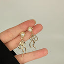 French Retro Long Earrings with Soft Flower Bow Design Elegant Vintage Jewelry