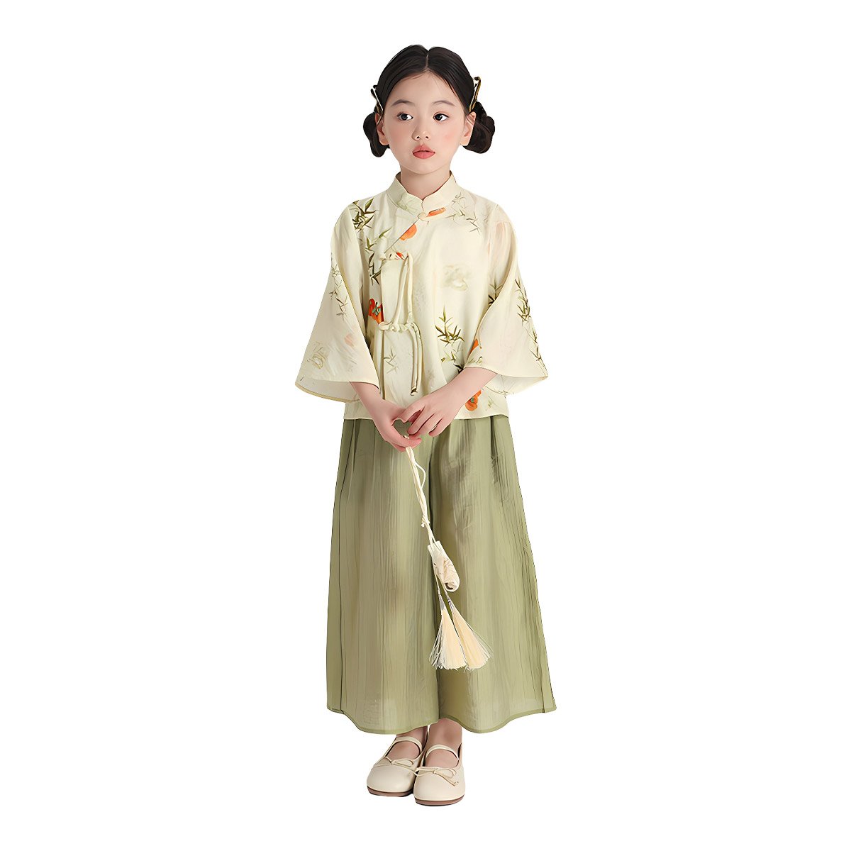 Girl's Bamboo Printing Green Two Pieces  Set