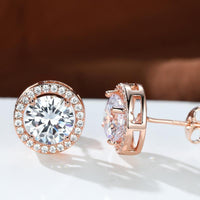 Red Garnet Diamond Halo Round Stud Earring Push Back Rose Gold Plated Women Gift