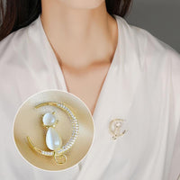 Elegant Crescent Moon Cat Brooch