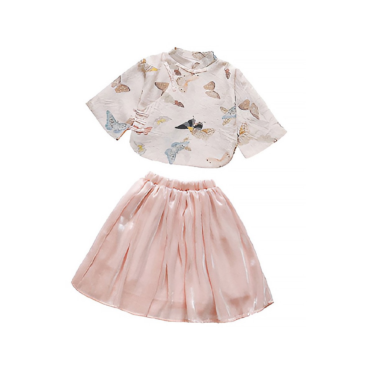 Girls' Cartoon Bird Print New Chinese Style Pink Set