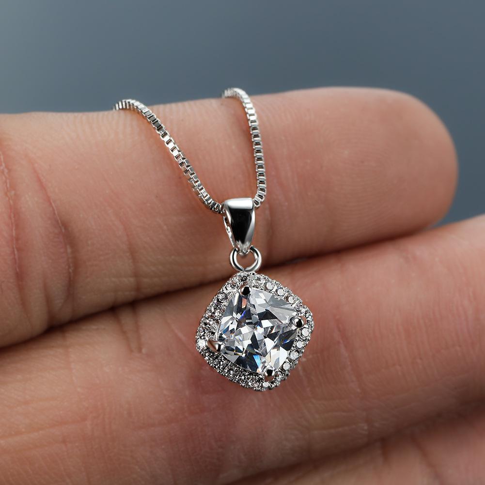 Fashion 925 Sterling Silver Stunning Square Cubic Zircon Pendant Necklace Chain