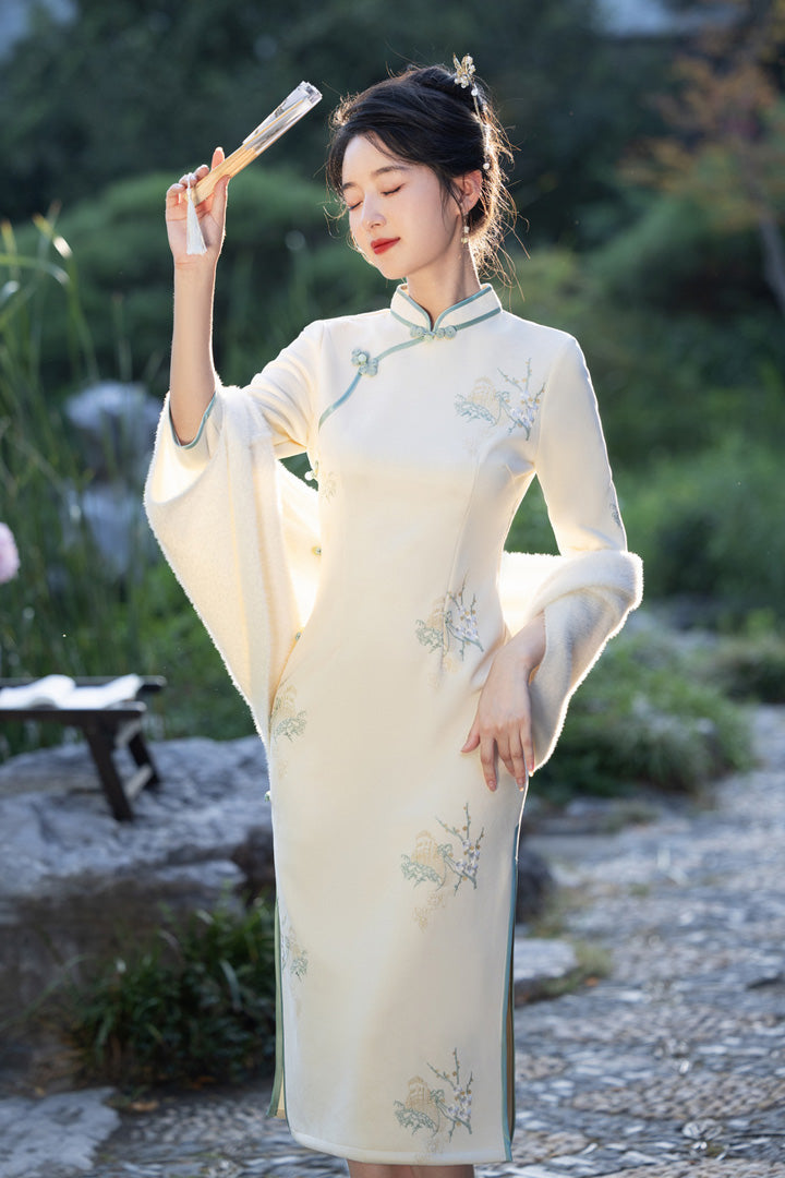 优雅奶油色流苏汉服披肩柔软针织披肩，适合传统服装分层搭配