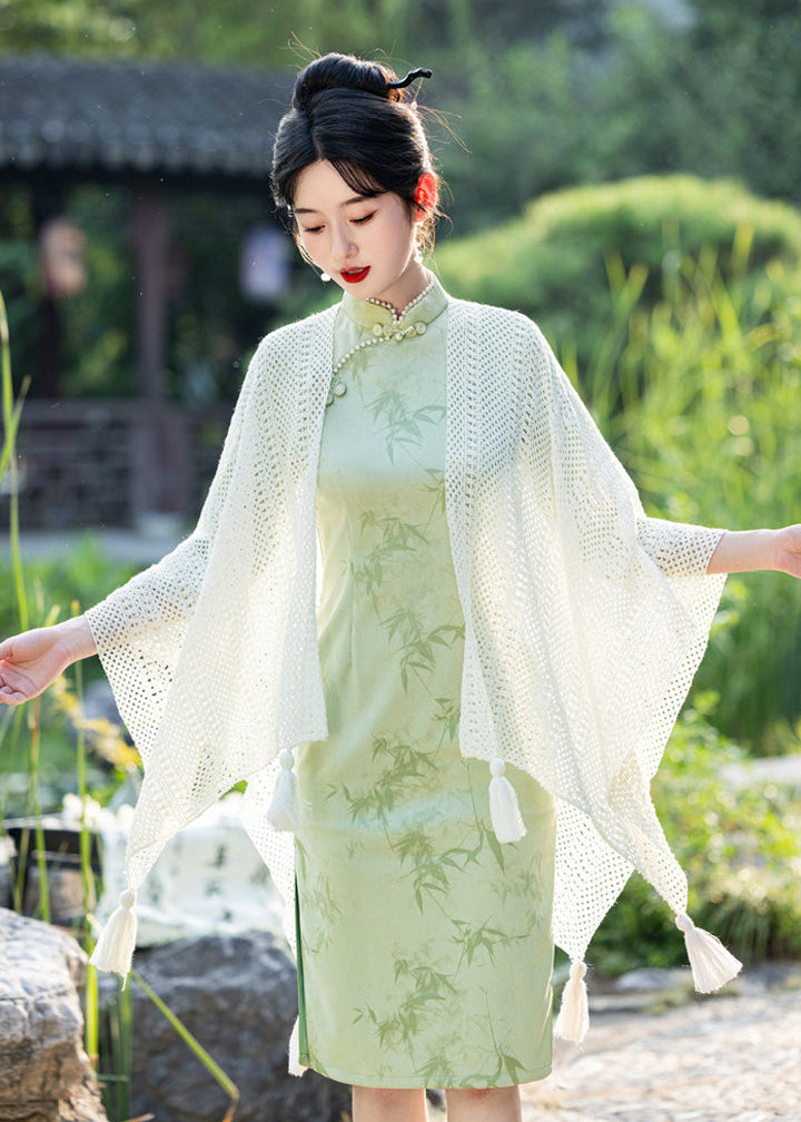 优雅奶油色流苏汉服披肩柔软针织披肩，适合传统服装分层搭配