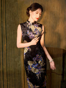 Black Floral Print Velvet Sleeveless Mandarin Qipao Dress