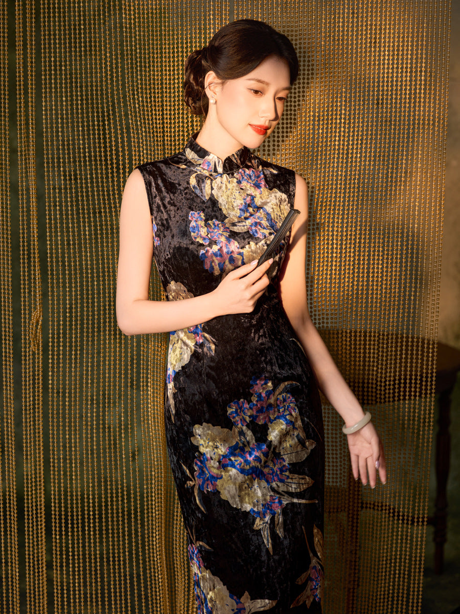 Black Floral Print Velvet Sleeveless Mandarin Qipao Dress