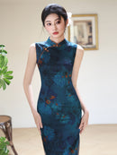 Blue Floral Print Sleeveless Slim Mandarin Midi Qipao Dress