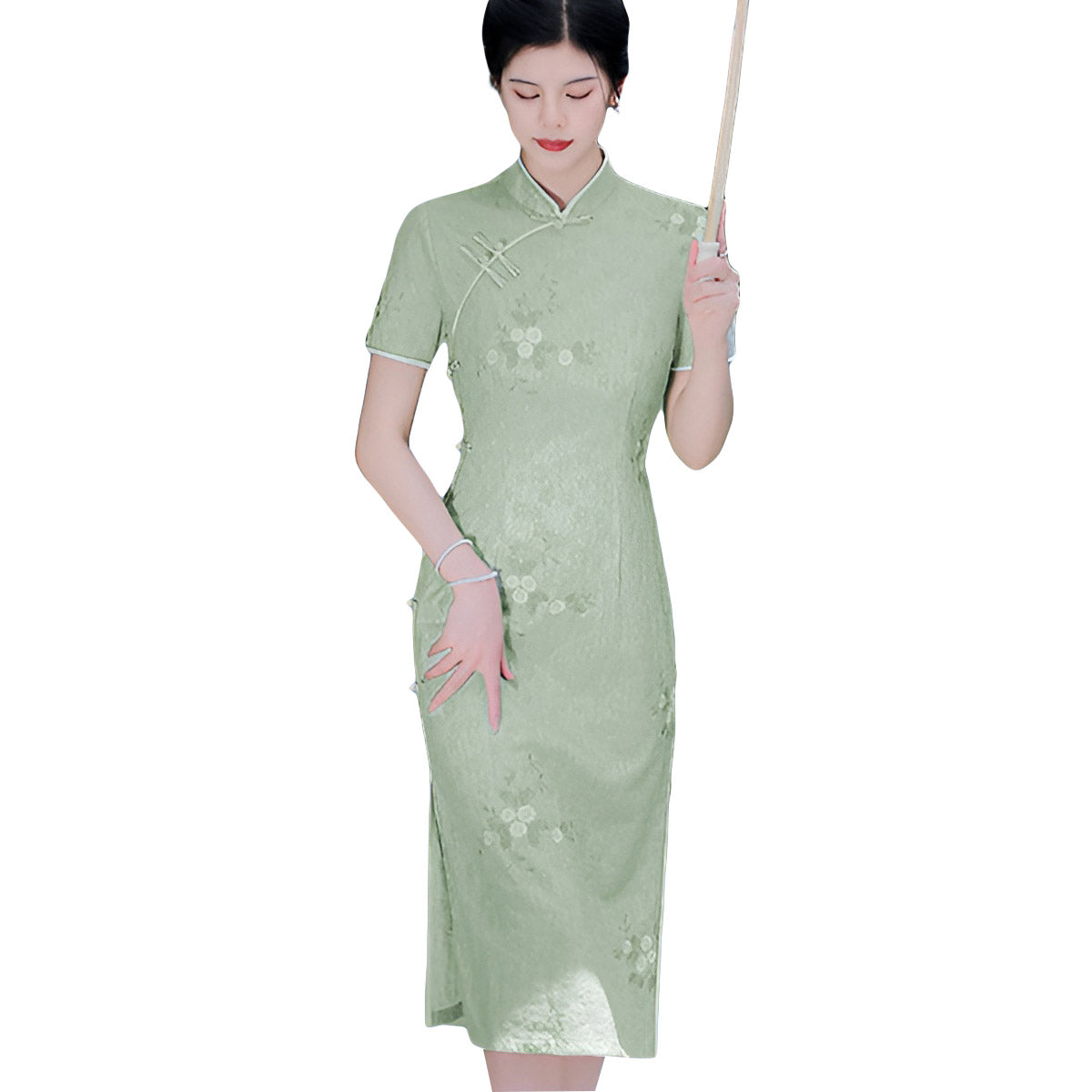 Women's Pastel Green Lace Modern Cheongsam Dress